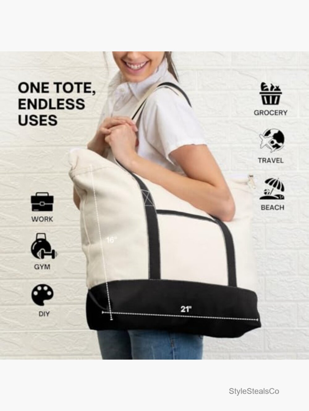 Canvas Tote Bag with Zipper & External Pocket Large Reusable Shopping - Picture 2 of 7